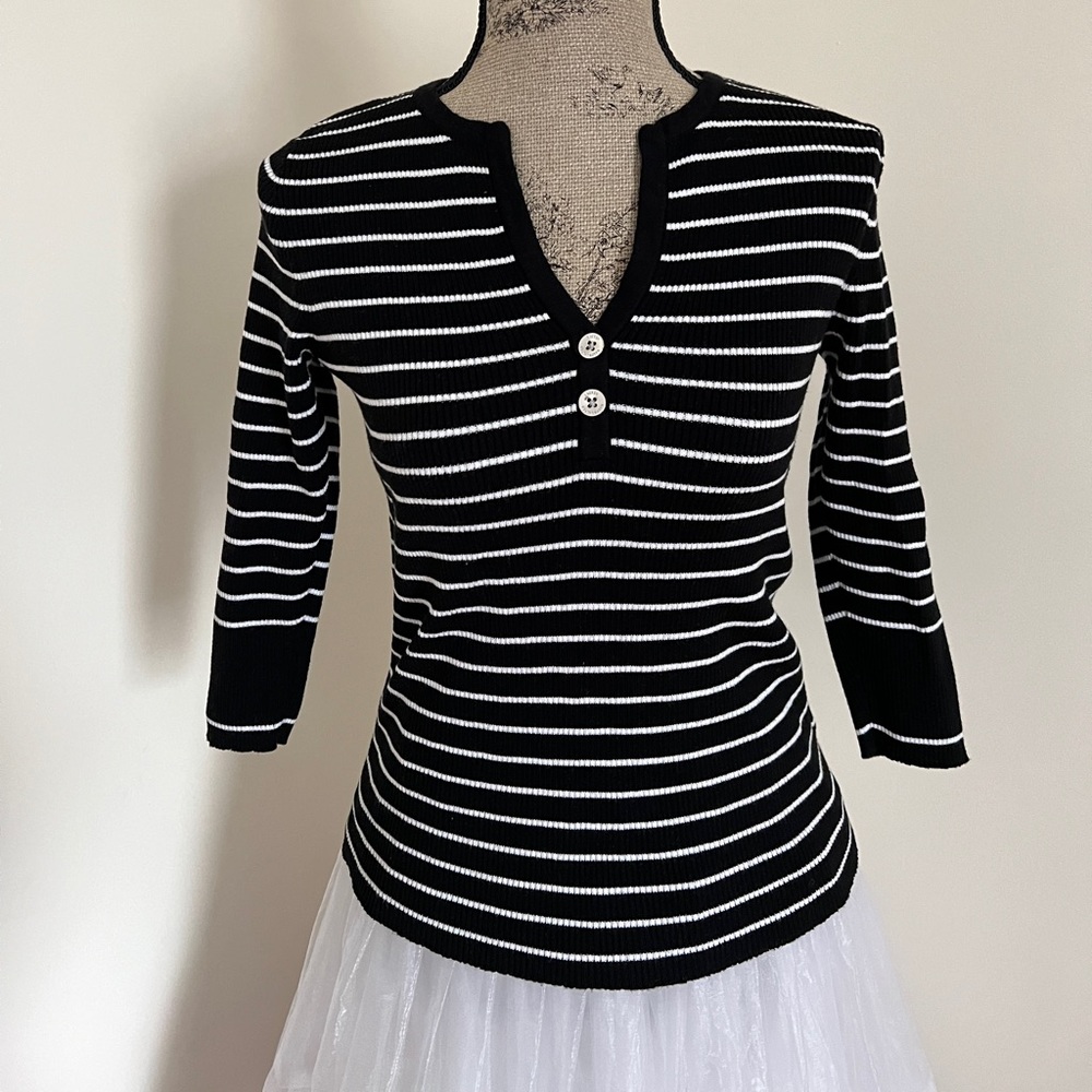 Women's Black&White Stripe 4/3 Sleeves Knit Top by Lauren Ralph Lauren